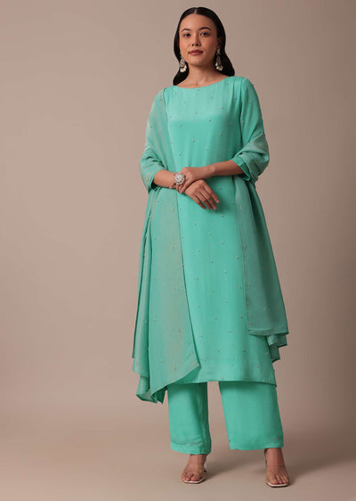 Blue Chiffon Pant Set With Sequin Work Kurta