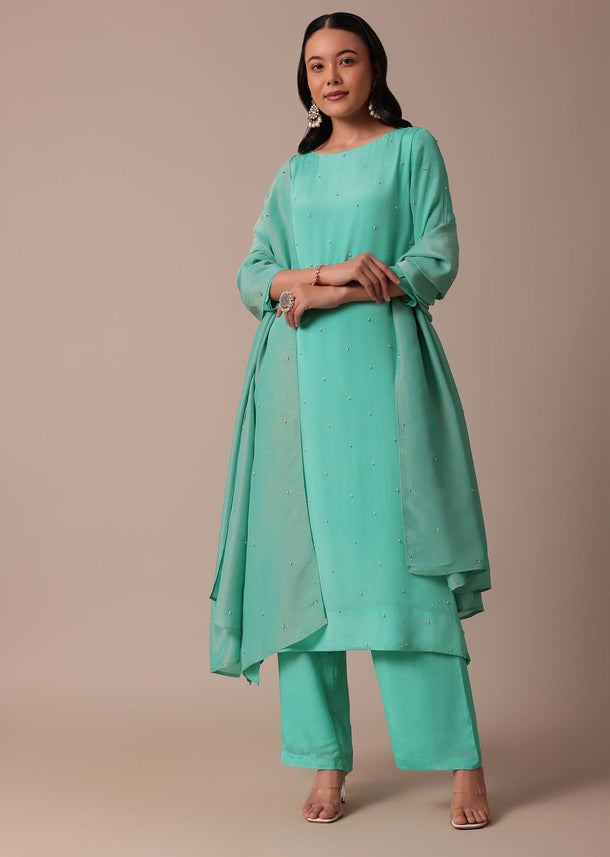 Blue Chiffon Pant Set With Sequin Work Kurta