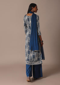 Blue Chiffon Printed Palazzo Set With Mirror And Sequin Kurta