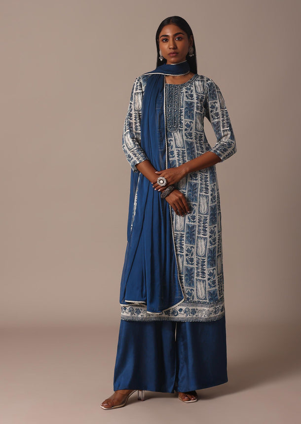 Blue Chiffon Printed Palazzo Set With Mirror And Sequin Kurta