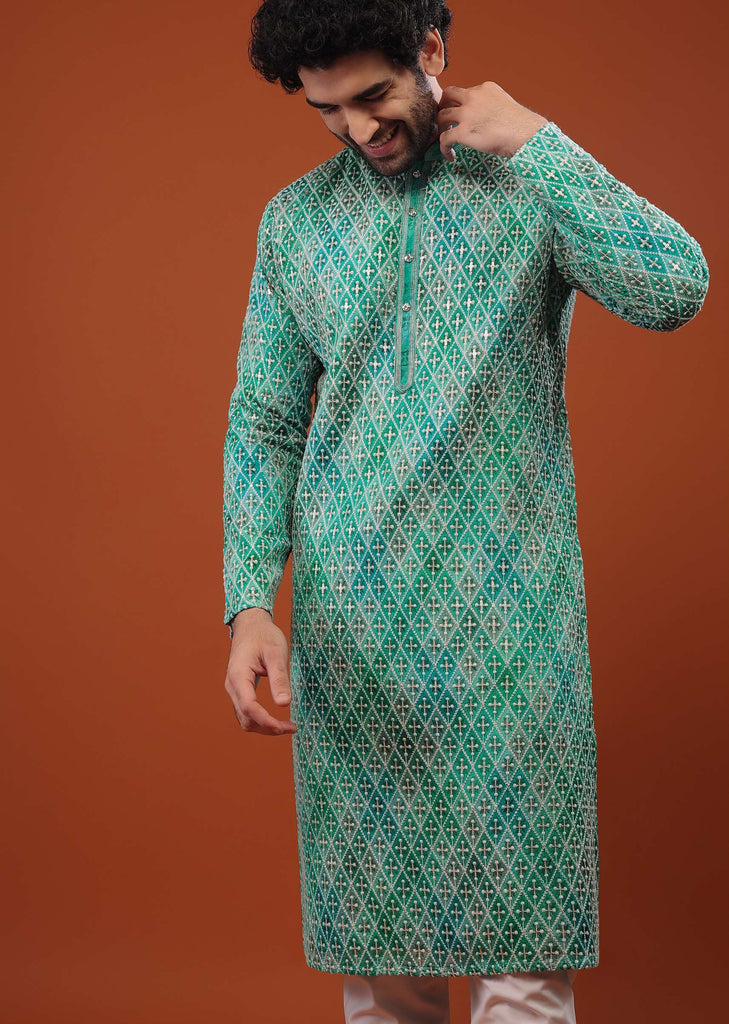 Blue Chinon Silk Kurta Set With Thread Embroidery