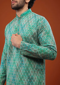 Blue Chinon Silk Kurta Set With Thread Embroidery