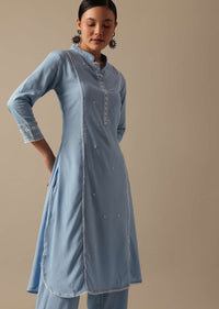 Blue Cotton Embroidered Kurta Set