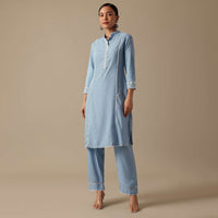 Blue Cotton Embroidered Kurta Set