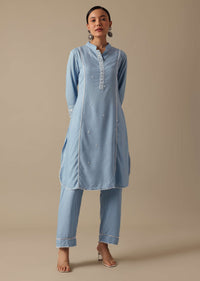 Blue Cotton Embroidered Kurta Set