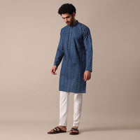 Blue Cotton Jaipur Print Kurta Set