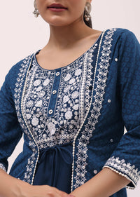 Blue Cotton Kurta Palazzo In Resham Work