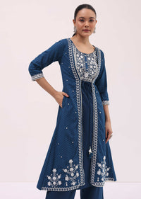 Blue Cotton Kurta Palazzo In Resham Work