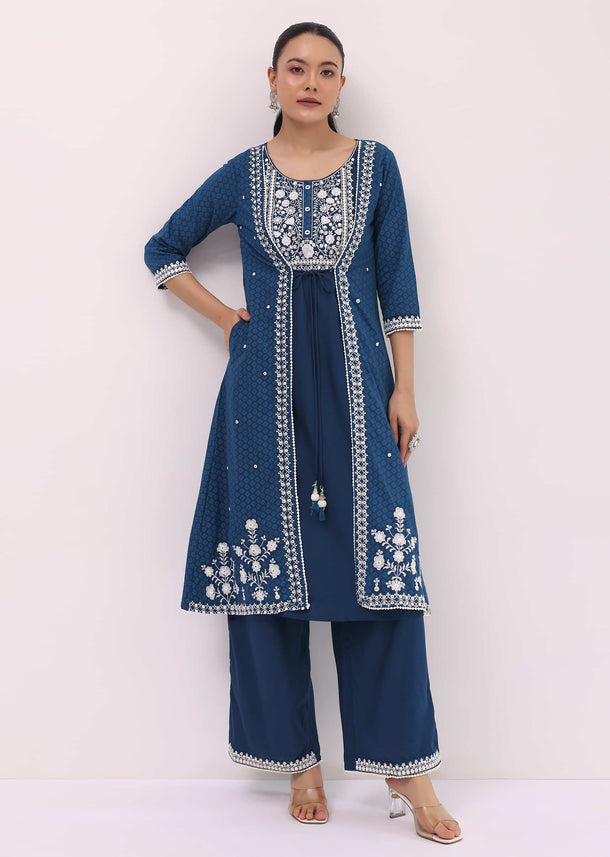 Blue Cotton Kurta Palazzo In Resham Work