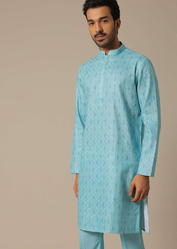 Blue Cotton Kurta Set With Resham Work