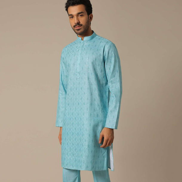 Blue Cotton Kurta Set With Resham Work