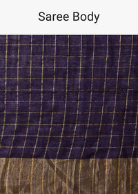 Blue Cotton Linen Saree With Zari Checks And Unstitched Blouse Piece