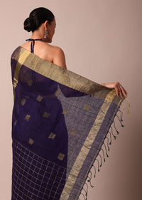 Blue Cotton Linen Saree With Zari Checks And Unstitched Blouse Piece