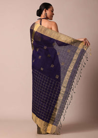 Blue Cotton Linen Saree With Zari Checks And Unstitched Blouse Piece