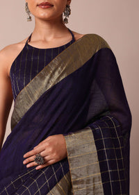 Blue Cotton Linen Saree With Zari Checks And Unstitched Blouse Piece