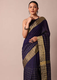 Blue Cotton Linen Saree With Zari Checks And Unstitched Blouse Piece