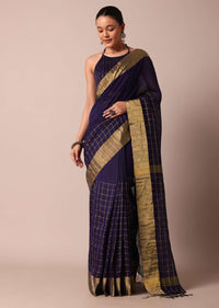 Blue Cotton Linen Saree With Zari Checks And Unstitched Blouse Piece