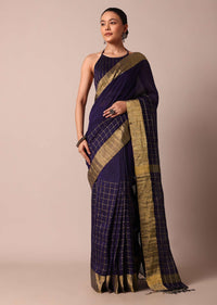 Blue Cotton Linen Saree With Zari Checks And Unstitched Blouse Piece