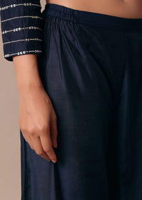 Blue Cotton Pant Set With Pearl Work