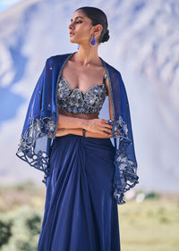 Blue Crepe Draped Skirt With Embroidered Blouse And Cape