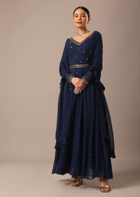 Blue Cutdana Embellished Anarkali Set With Belt And Fancy Dupatta