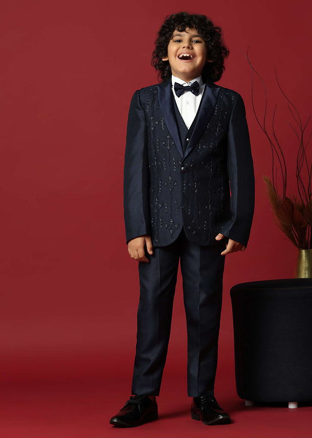 Blue Cutwork Embroidery Festive Tuxedo For Boys