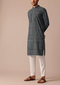 Blue Denim Printed Kurta Set With Pintuck Pattern