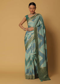 Blue Dola Silk Saree With Diagonal Woven Stripes And Unstitched Blouse Fabric