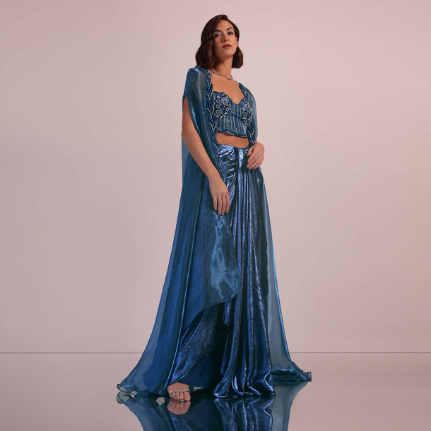 Blue Drape Skirt And Blouse Set In Shimmer With Hand Work