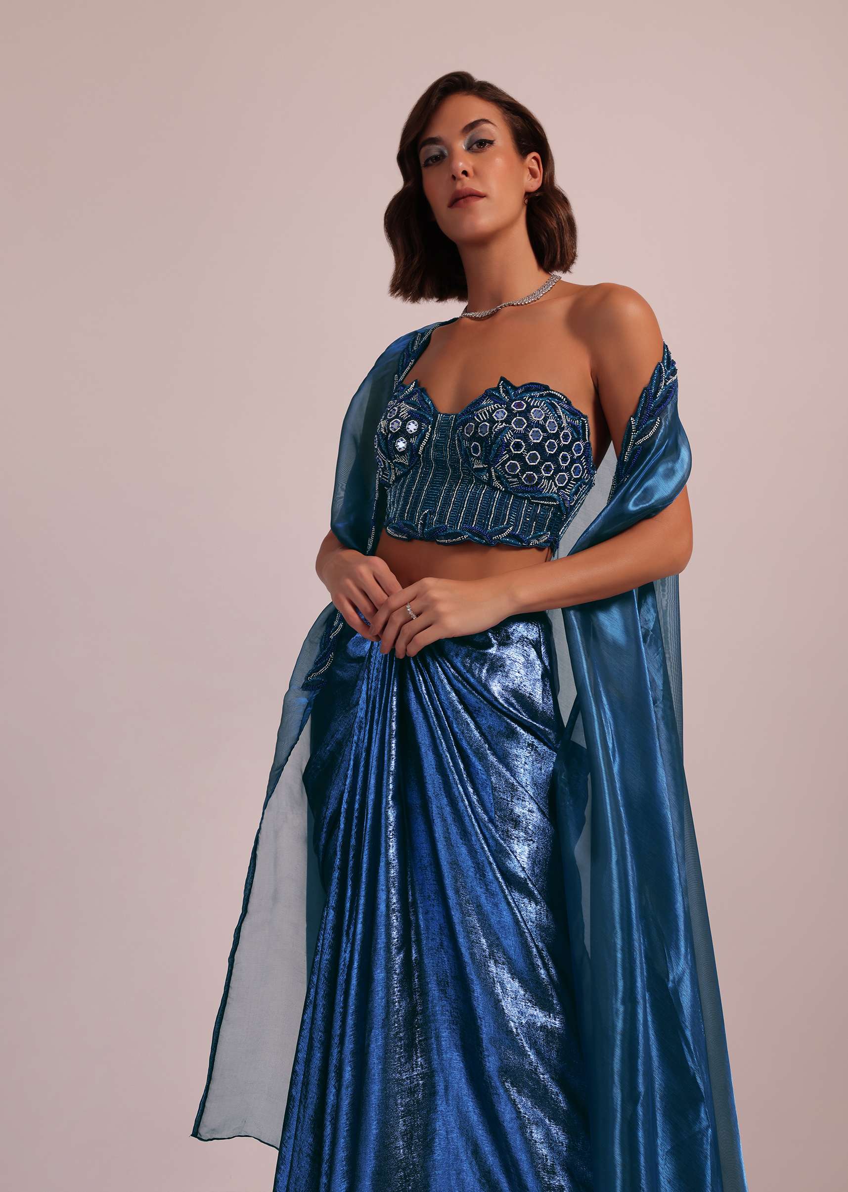 Blue Drape Skirt And Blouse Set In Shimmer With Hand Work