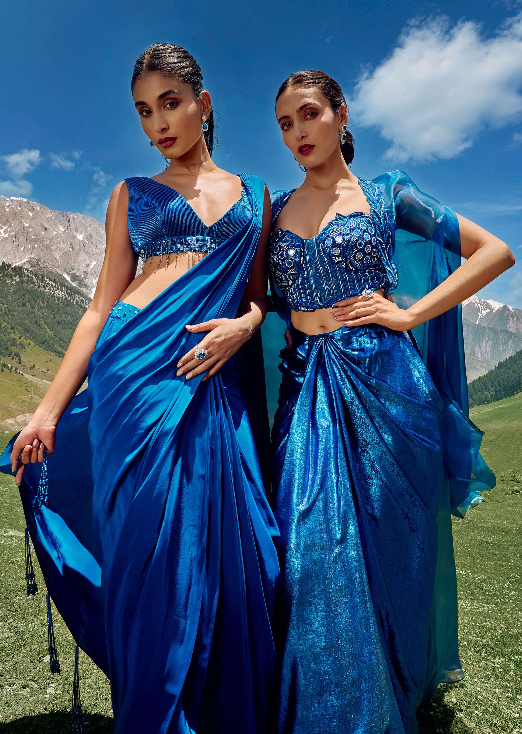 Blue Drape Skirt And Blouse Set In Shimmer With Hand Work