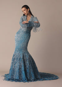 Blue Fish Cut Ombre Trail Embroidered Gown