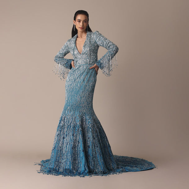 Blue Fish Cut Ombre Trail Embroidered Gown
