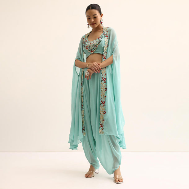 Blue Embellished Crop Top And Dhoti Set