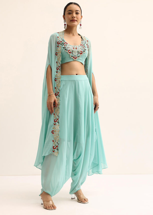 Blue Embellished Crop Top And Dhoti Set