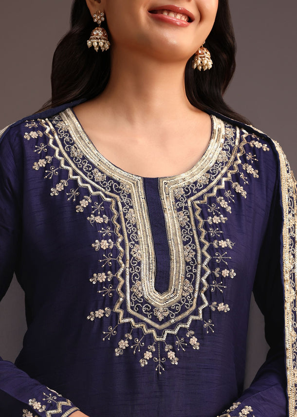 Blue Embellished Palazzo Suits With Organza Dupatta
