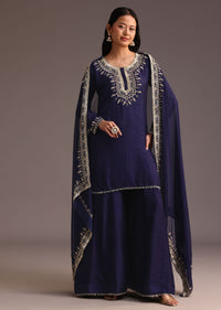 Blue Embellished Palazzo Suits With Chanderi Dupatta