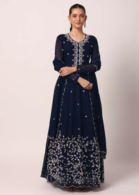 Blue Embroidered Anarkali Pant Set