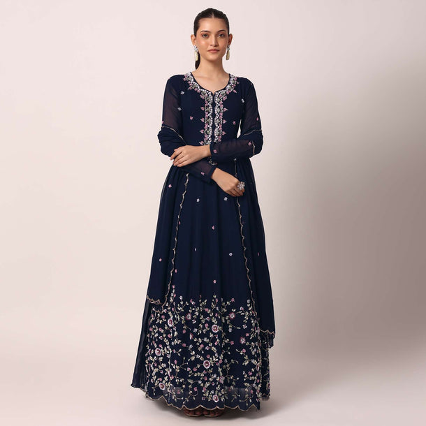 Blue Embroidered Anarkali Pant Set