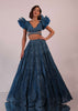 Blue Embroidered Bridal Lehenga Set With Pleated Sleeves