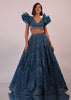 Blue Embroidered Bridal Lehenga Set With Pleated Sleeves