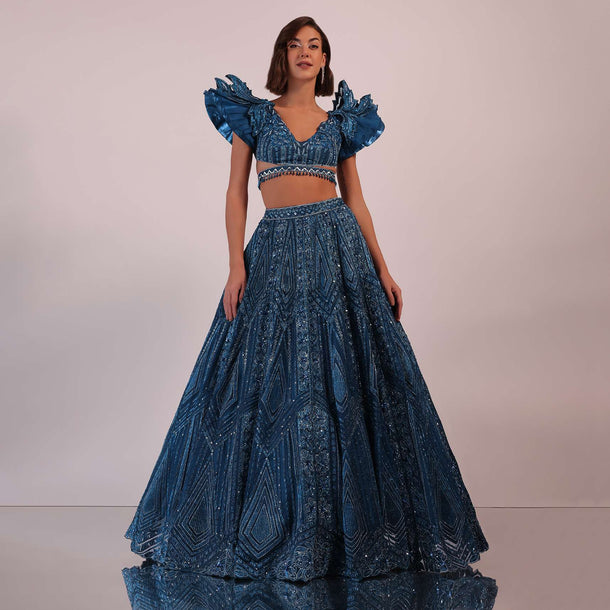 Blue Embroidered Bridal Lehenga Set With Pleated Sleeves