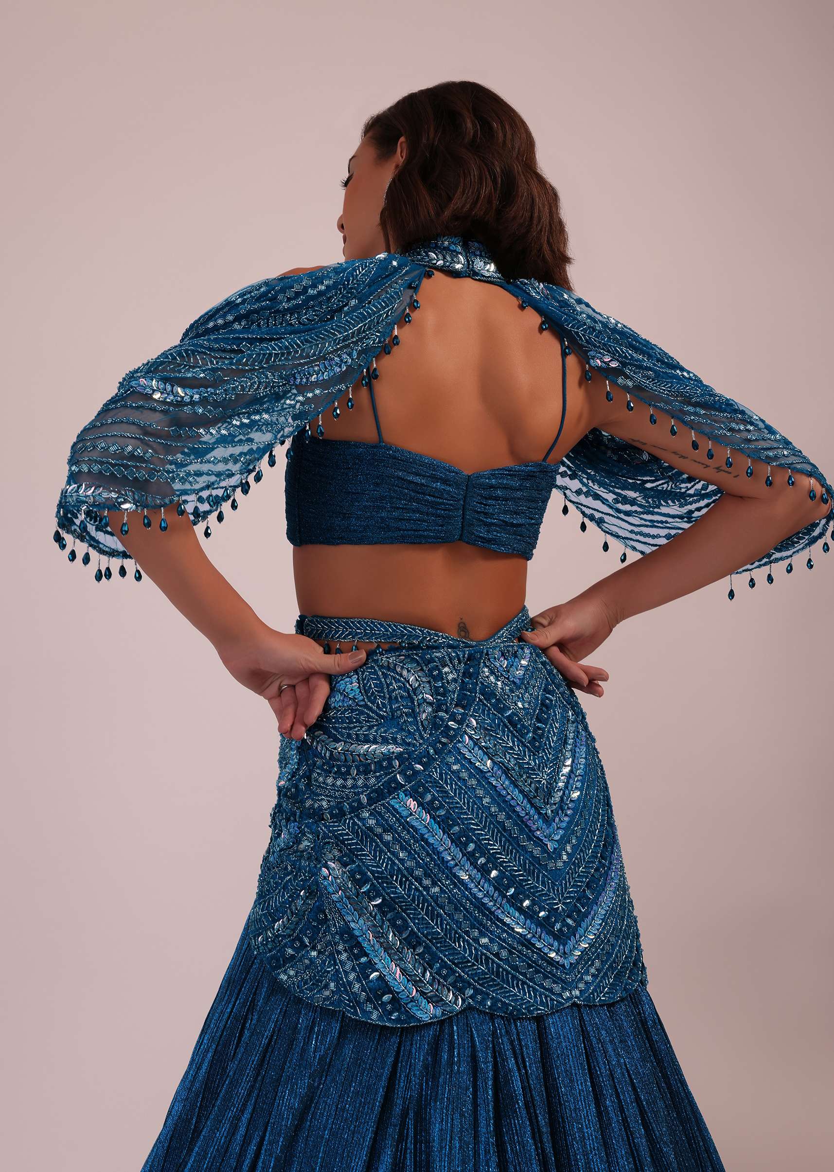 Blue Embroidered Bridal Lehenga And Blouse Set In Crushed Shimmer