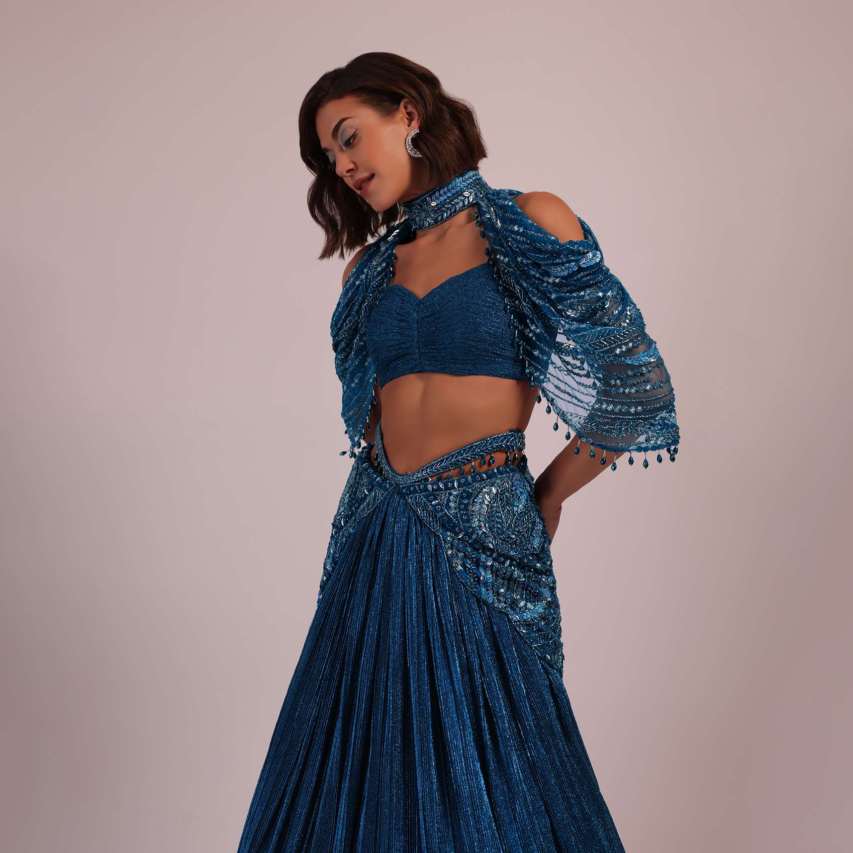 Blue Embroidered Bridal Lehenga And Blouse Set In Crushed Shimmer