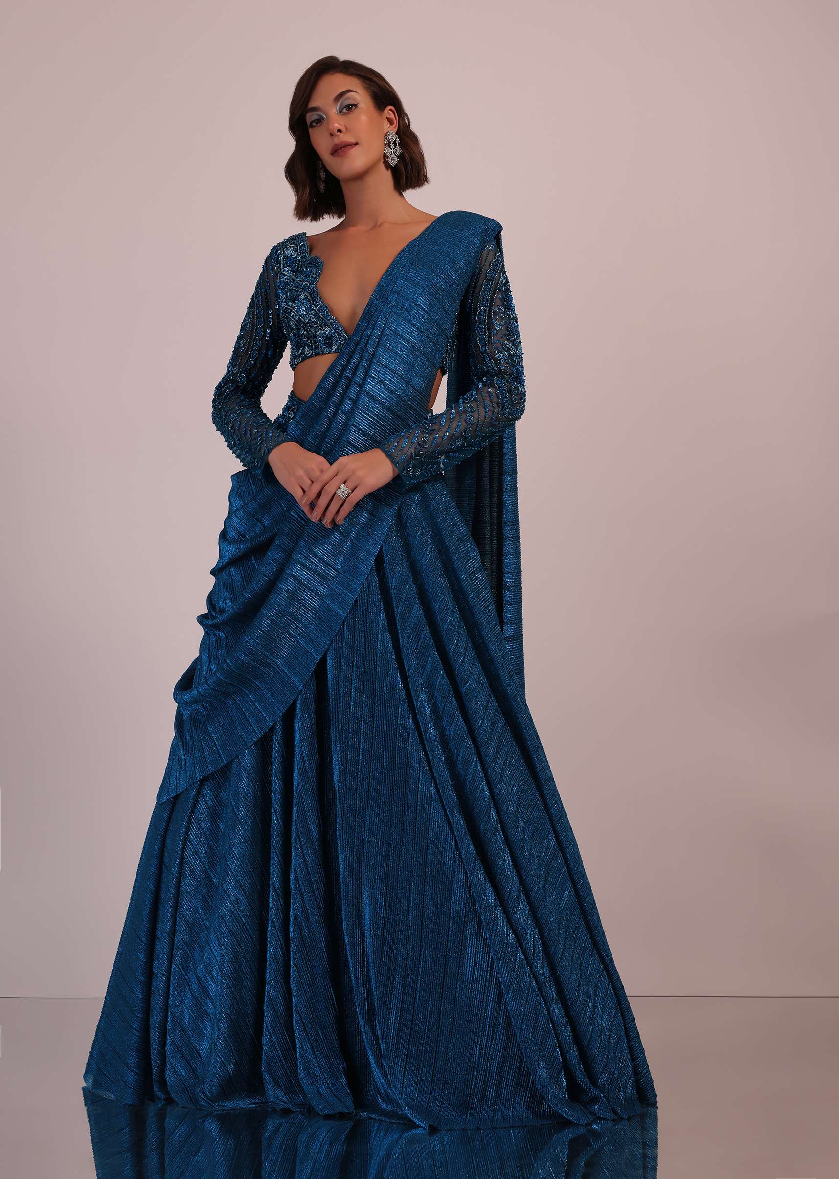 Blue Embroidered Bridesmaid Drape Saree And Blouse Set In Crushed Shimmer