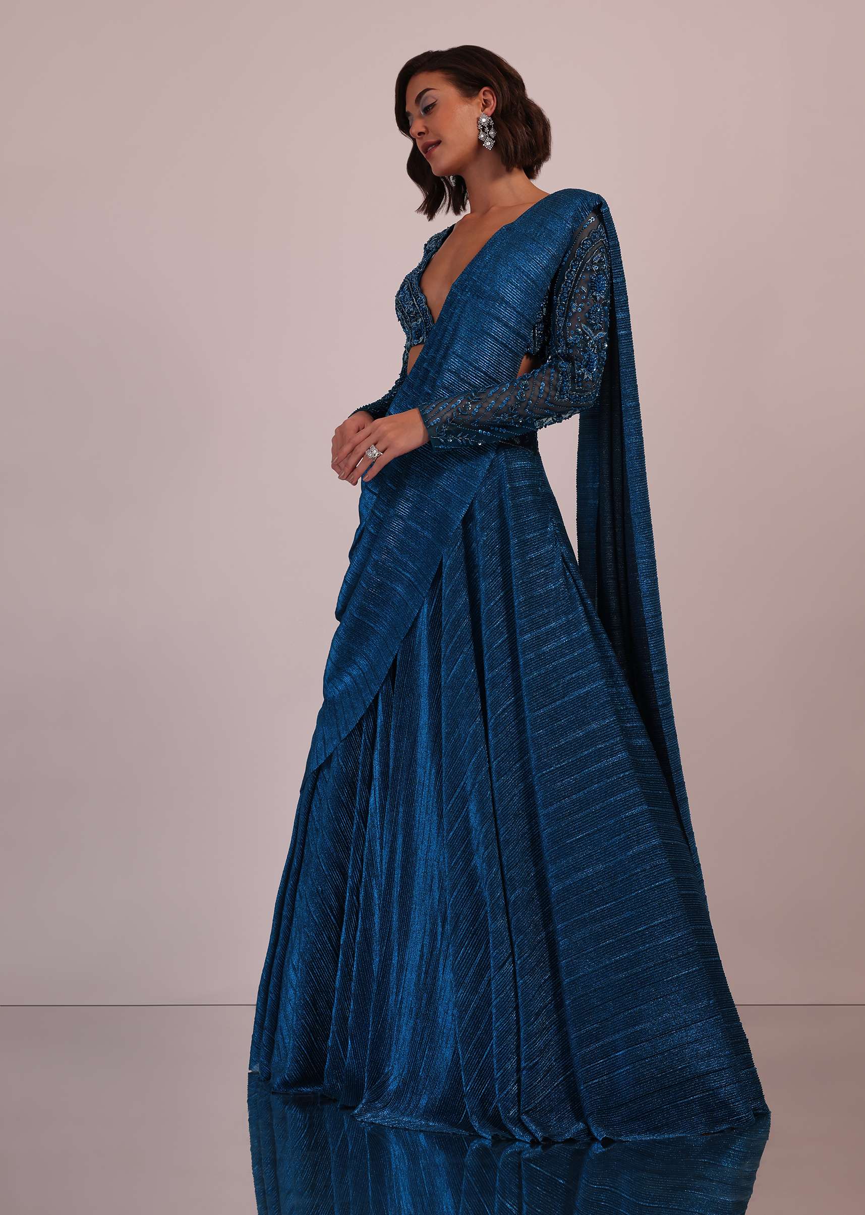 Blue Embroidered Bridesmaid Drape Saree And Blouse Set In Crushed Shimmer