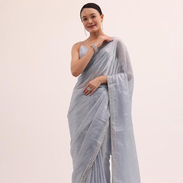 Blue Embroidered Chiffon Saree With Unstitched Blouse