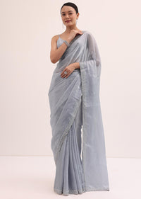 Blue Embroidered Chiffon Saree With Unstitched Blouse