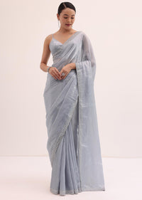 Blue Embroidered Chiffon Saree With Unstitched Blouse