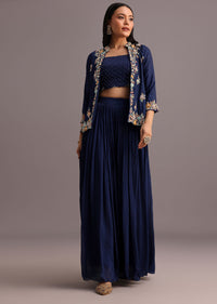 Blue Embroidered Croptop And Jacket With Palazzo